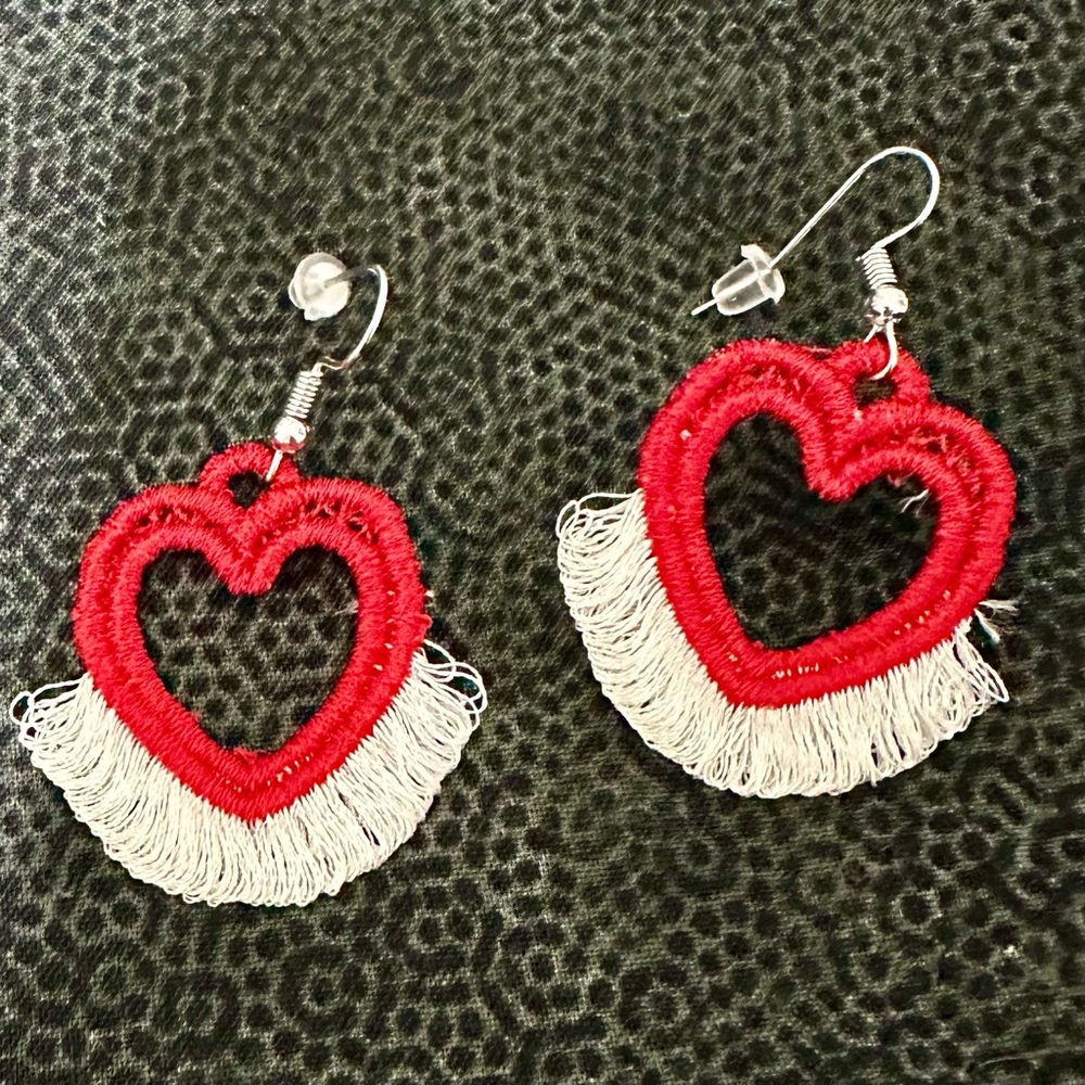 Embroidered Freestanding Lace Red Heart Fringe Earrings. She will love them.